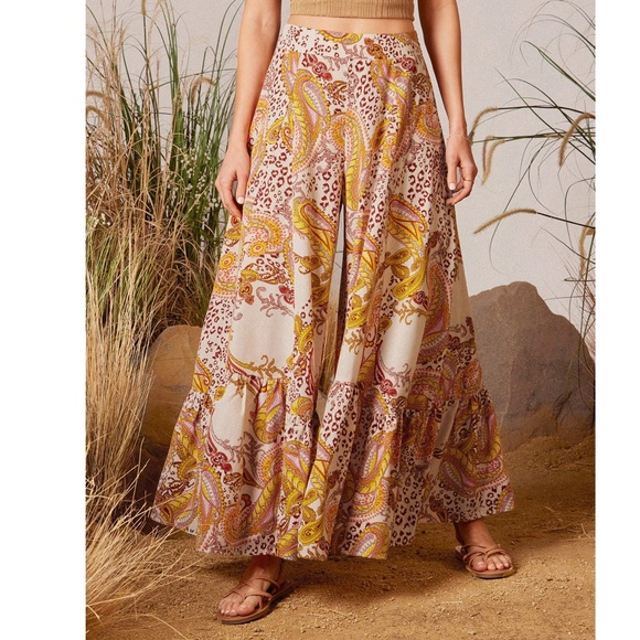 Boho Paisley Leopard Print Wide Ruffle Leg pants - Picture 3 of 6